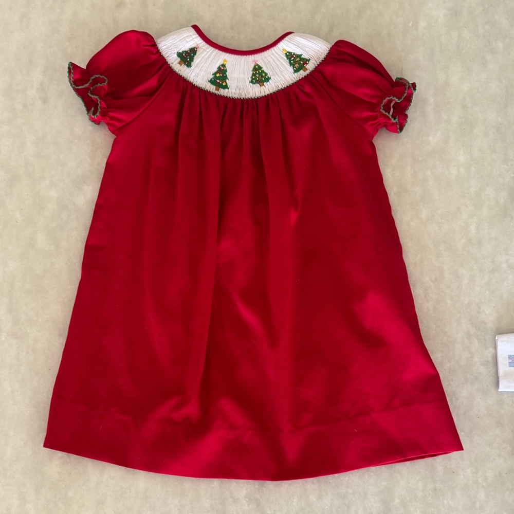 Festive Red Kids Dress with Christmas Tree Embroidery